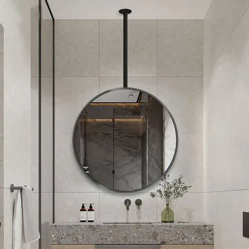 Espejo redondo de metal montado en el techo con barra para colgar, espejo decorativo de baño, negro (diámetro-19.7 pulgadas)