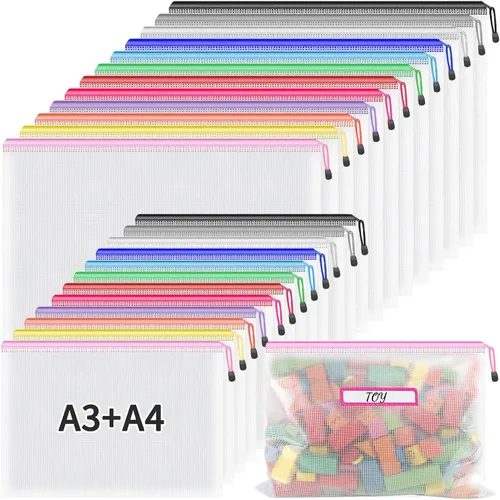Umriox Bolsas de malla con cremallera, A3+A4 (12 colores, 24 paquetes), bolsas de almacenamiento grandes, bolsas con cremallera para suministros de