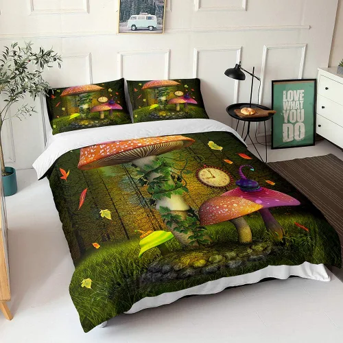 Miniatura 7 de Juego de funda de edredón psicodélico de fantasía con diseño de hongos psicodélicos, galaxia, verde cielo, morado, diseño de hongos estrellados, #1