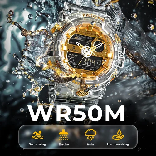 Miniatura 5 de Relojes PINDOWS para hombre, transparente dorado, analógico digital, doble hora, 50M resistente al agua, retroiluminación LED, multifuncional