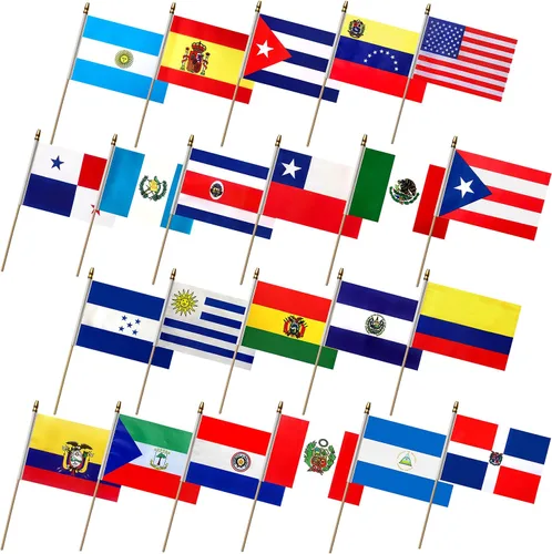Banderas de América Latina de 22 países en palo, pequeña bandera de mano de habla española, 5 x 8 pulgadas, paquete de 22