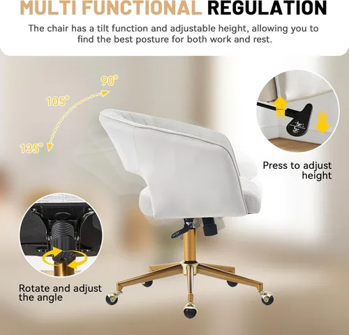 Miniatura 5 de Silla de tocador con respaldo sillón giratorio 360 grados y base dorada, silla entrecruzada con ruedas para tocador, oficina en casa, sala de estar