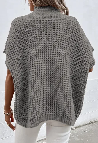 Miniatura 7 de Viottiset Suéter de manga corta de murciélago para mujer, cuello alto falso, suéter de punto sin mangas para otoño