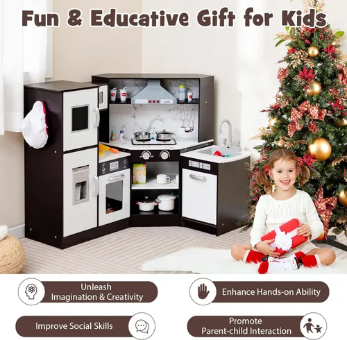 Miniatura 8 de Costzon Juego de cocina para niños, 2 piezas de juguete de cocina con luz, sonido, lavabo, microondas, pizarra, máquina de hielo, campana Negro