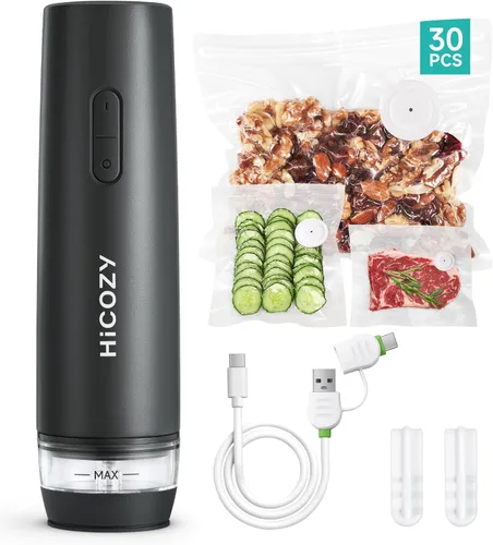 HiCOZY Sellador de vacío compacto para alimentos con tanque de agua visible, máquina selladora de vacío portátil manual con 30 bolsas sin BPA y Gris