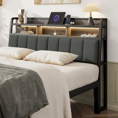 Miniatura 11 de Cabecera completa solo con almacenamiento, cabeceros tapizados para cama de tamaño matrimonial con luz LED, estación de carga, altura ajustable