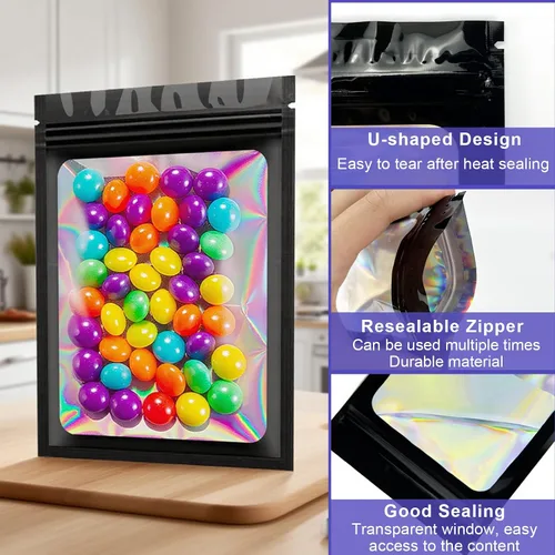 Miniatura 4 de 300 bolsas holográficas de Mylar a granel, bolsas resellables a prueba de olores con ventana transparente, bolsa de aluminio para pequeñas empresas