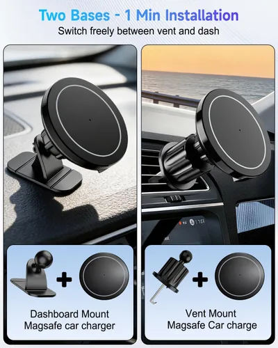 Miniatura 6 de Cargador de coche MagSafe, cargador inalámbrico magnético de carga rápida de 15 W, [imán ultra de 3000 gf] Soporte magnético para teléfono para tu