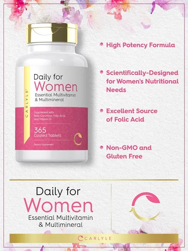 Miniatura 3 de Carlyle Multivitamínico y multimineral para mujer 365 tabletas Suplemento diario con betacaroteno, ácido fólico y vitamina D Píldoras sin OMG