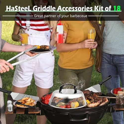 Miniatura 8 de HaSteeL Kit de 18 accesorios para plancha, herramientas Teppanyaki para cocinar a la parrilla de campamento, cúpula de fusión de acero inoxidable