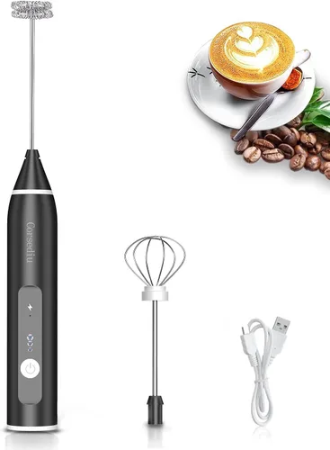 Espumador de leche, recargable eléctrico de leche de 3 velocidades, espumador de leche de mano con batidor de acero inoxidable para café a prueba de