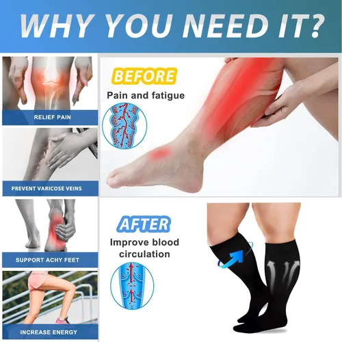 Miniatura 5 de Unnclou 3 pares de calcetines de compresión de talla grande para mujeres y hombres, 15-20 mmHg, extra grandes hasta la rodilla, medias de soporte