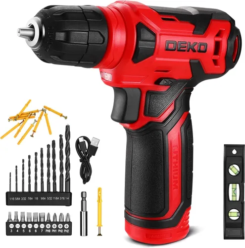 Miniatura 8 de Taladro inalámbrico DEKOPRO de 8 V, juego de taladro con mandril sin llave de 3/8 pulgadas, 42 piezas de accesorios, LED incorporado, cable de carga