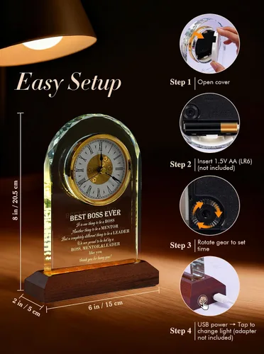 Miniatura 2 de Best Boss Ever Regalos para hombres y mujeres — Reloj de escritorio de cristal con base de luz de madera Apreciación del jefe y despedida