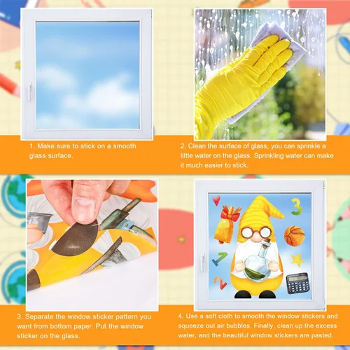 Miniatura 6 de Whaline 9 hojas de calcomanías para ventana de regreso a la escuela, gnomo lápiz libro globo mochila escolar, calcomanías para ventana