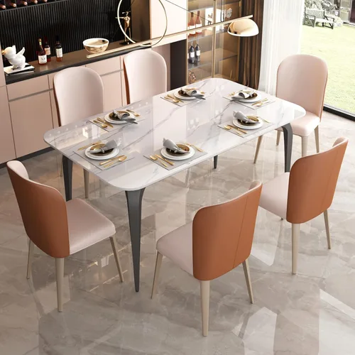 Miniatura 8 de Mesa de comedor, mesa de cocina de piedra sinterizada, mesa rectangular moderna de pizarra blanca de 55 pulgadas con patas de metal, mesa de comedor