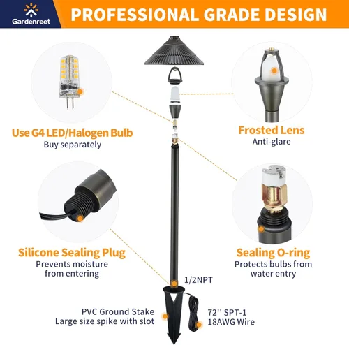 Miniatura 5 de Gardenreet Luces de camino de bajo voltaje de latón, luces LED de camino de paisaje, luces de patio al aire libre impermeables IP65, 12 V con cable