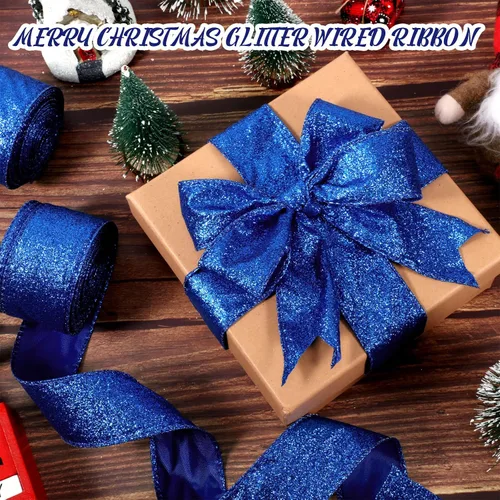 Miniatura 6 de 2 Rollos 20 Yardas Cinta de Navidad con Alambre Cinta Gruesa con Purpurina Cinta Metálica con Alambre para Envolver Regalos Cinta de Árbol