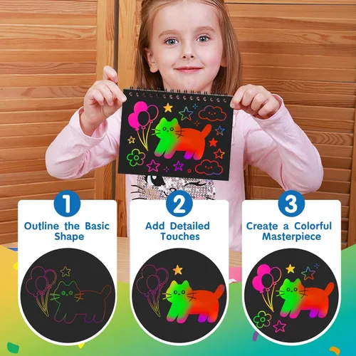 Miniatura 5 de YSCare Artículos de Fiesta de Arte de Rascar para Niños: 16 Pack Cuaderno de Arte de Rascar Arcoíris, Kit de Manualidades y Artesanías, Bolsas