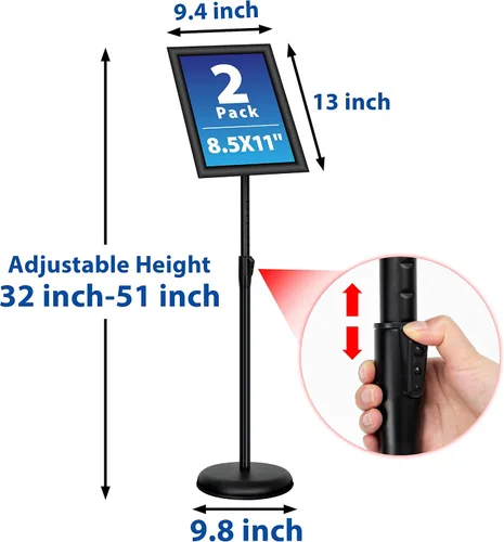 Miniatura 4 de Paquete de 2 soportes de cartel de pedestal ajustables de 8.5 x 11 pulgadas, soporte de aluminio resistente para letrero de pie para letrero de Negro