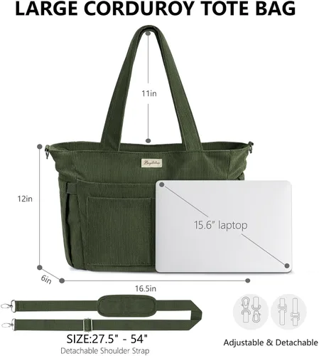 Miniatura 2 de Bolsa tote de pana para mujeres, 17 bolsillos para laptop de trabajo, ligera, para maestras, enfermeras, bolsa de hombro bíblica para escuela