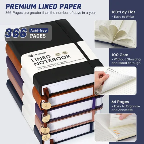 Miniatura 2 de Winkooy Cuaderno rayado, 366 páginas, 100 g/m² cuadernos con tapa dura de cuero para escribir, cuaderno clásico rayado A5 grueso para la universidad