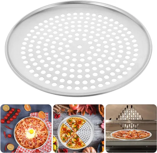 Miniatura 8 de Zerodeko Bandeja de pizza de acero inoxidable, bandeja redonda perforada para pizza, bandeja para hornear pizza, bandeja para servir pizza