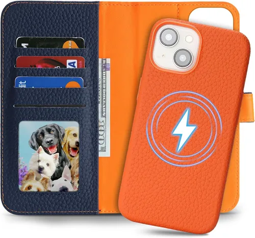Funda desmontable de piel auténtica para iPhone 13/14, funda magnética 2 en 1 extraíble, soporte de carga MagSafe, función de soporte para tarjetas,