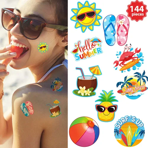 Miniatura 7 de Patelai 144 tatuajes temporales de verano, tatuajes de playa, hawaianos Luau, regalos de fiesta, calcomanías tropicales impermeables Hola verano