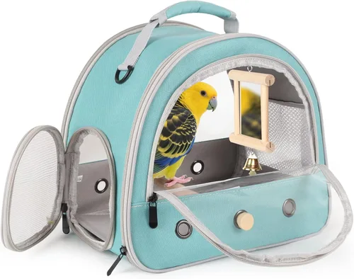 Miniatura 20 de Jaula portátil de viaje para loros con juguete pequeño oscilante y jaula, juego de juguetes coloridos para pájaros pequeños, bolsa de periquito