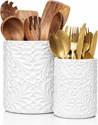 25DOL Portautensilios Grande de Cerámica Grabada de 7.3"+5.4" para Encimera, Organizador de Utensilios de Cocina para Espátula, Recipiente Grande