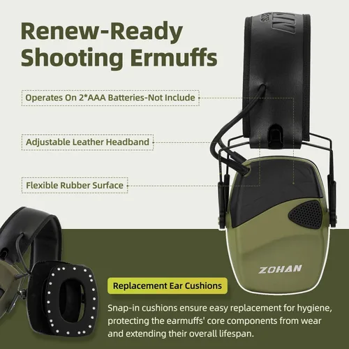 Miniatura 6 de Orejeras de protección electrónica contra el ruido (NRR22dB) de ZOHAN EM054, Verde 1pack - verde