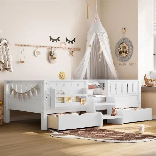 Miniatura 16 de Bellemave Cama Montessori de tamaño Queen con 2 cajones y estantería, camas de suelo para niños con barandillas de seguridad y escaleras, marco