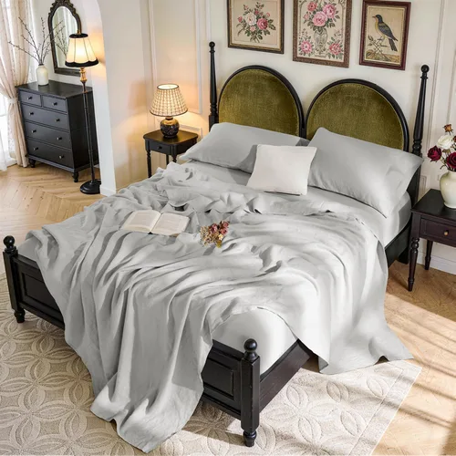 Miniatura 20 de SONORO KATE Sábanas de cama de lino francés 100% puro, tamaño Queen, sábanas de cama de lino transpirables y duraderas, antidesgarro, lavables a