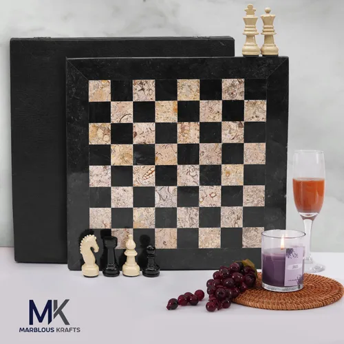 Miniatura 2 de Marblous Krafts - Juego de ajedrez de mármol con estuche de 15 pulgadas, hecho a mano, negro y coral, tablero de ajedrez decorativo de lujo, de 32