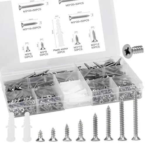 Kit de tornillo y anclaje de madera #4 (420 piezas) – Tornillos autorroscantes Phillips de cabeza plana de acero inoxidable 304 para muebles,