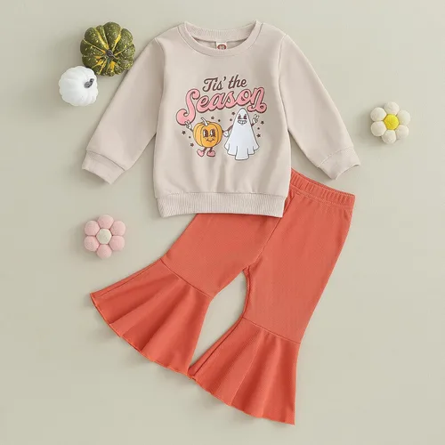Miniatura 2 de Traje de Halloween para bebé niña, manga larga, cuello redondo, letras de fantasma, parte superior con estampado de fantasma, parte inferior