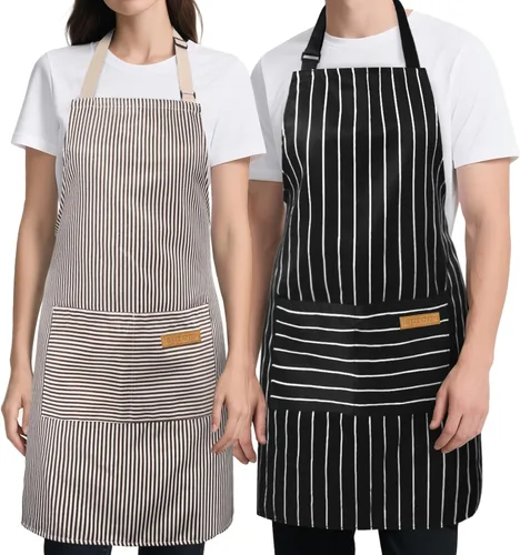 Miniatura 12 de Paquete de 2 Delantales de Cocina, Delantales Suaves para Mujeres y Hombres con 2 Bolsillos, Delantal de Chef con Correa Ajustable para el Cuello