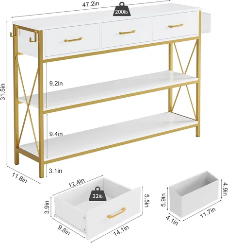 Miniatura 3 de HITHOS Mesa consola de 47.2 pulgadas con 3 cajones, mesa de entrada larga y estrecha con estantes de almacenamiento de 3 niveles, mesa industrial