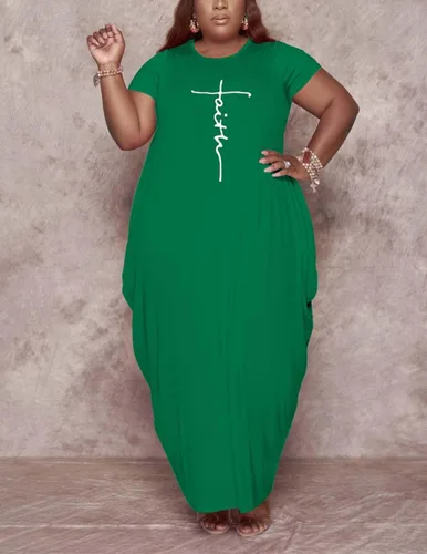 Miniatura 5 de Fooullaide Vestido casual de talla grande para mujer, de verano, manga corta, cuello en V, suelto, de gran tamaño, vestidos largos con bolsillo