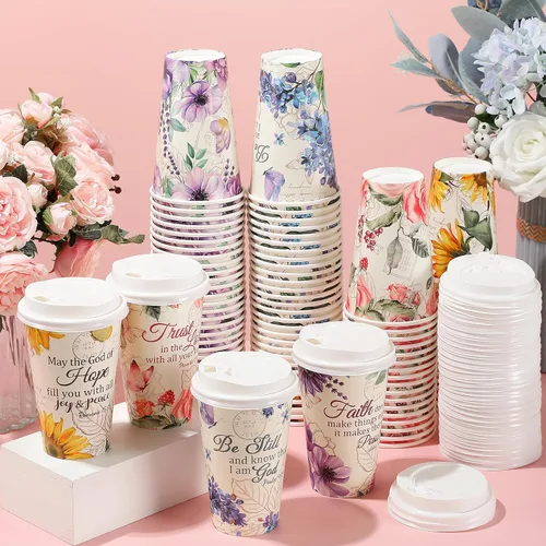 Miniatura 4 de Dandat 100 tazas de café desechables cristianas con tapas, tazas de papel de 16 onzas con texto en inglés "Floral Tea Scripture" a granel