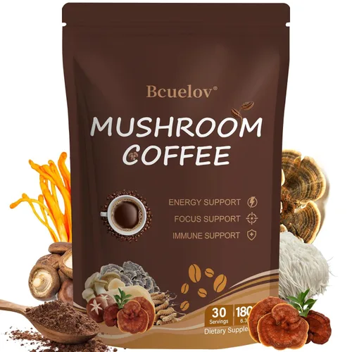 Café de hongos, café instantáneo de hongos en polvo con 6 hongos adaptogénicos (Cordyceps, melena de león, shiitake, cola de pavo) y aceite MCT para