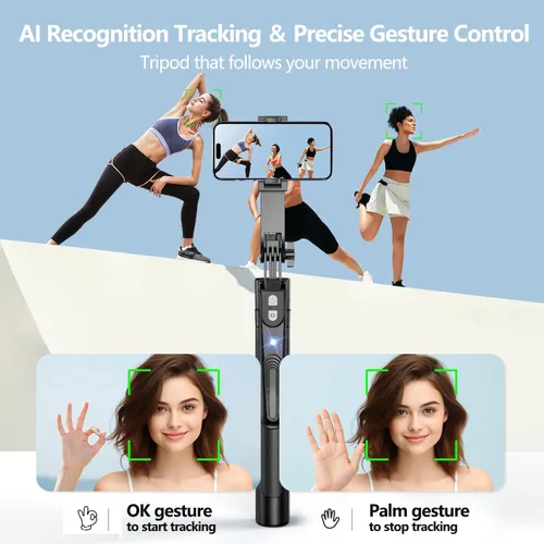Miniatura 3 de Trípode de seguimiento facial automático con rotación de 360° con soporte, trípode de teléfono con sensor de movimiento de 70.9", sin aplicación