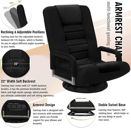 Miniatura 7 de Silla de juegos giratoria de piso con reposabrazos, sofá reclinable plegable de video con 6 posiciones ajustables, respaldo acolchado y cojín, sofá