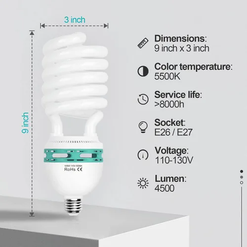 Miniatura 2 de EMART Bombilla de espectro completo, 105 W espiral CFL 5500 K luz diurna para kit de iluminación Softbox, lámpara de repuesto para fotografía