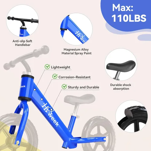 Miniatura 5 de Bicicleta de equilibrio para niños pequeños HAWEEK de 12 pulgadas, bicicleta de entrenamiento sin pedales para niños de 24 meses a 5 años, ajustes