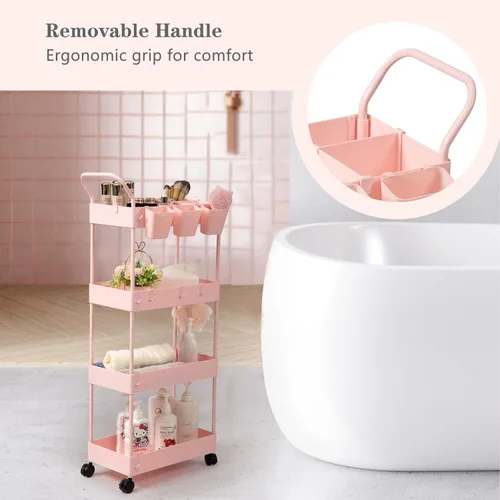 Miniatura 2 de Danpinera - Carrito de almacenamiento rosa delgado de 4 niveles, carrito de lavandería estrecho con ruedas, divisores, tazas para colgar, ganchos