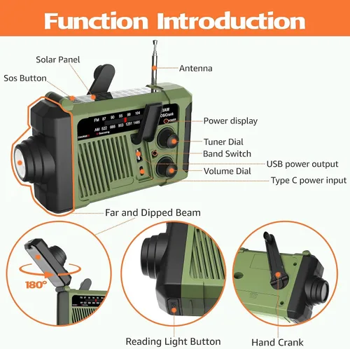 Miniatura 9 de NOAA radio meteorológica alertas portátiles AM FM, radio de emergencia al aire libre solar/manivela/carga USB, funciona con pilas, alarma