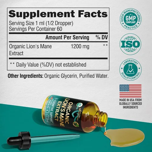 Miniatura 7 de Lions Mane Liquid – Suplemento orgánico de Lions Mane certificado por USDA – Apoyo cerebral, energía, memoria y enfoque – Extracto de hongo Lion's