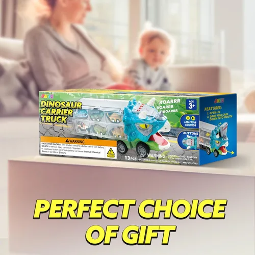 Miniatura 8 de JOYIN Juguetes de Dinosaurio 13 en 1 para Niños de 3-5, Camión de Dinosaurio Triceratops con 12 Autos de Retroceso, Juguetes de Regalos